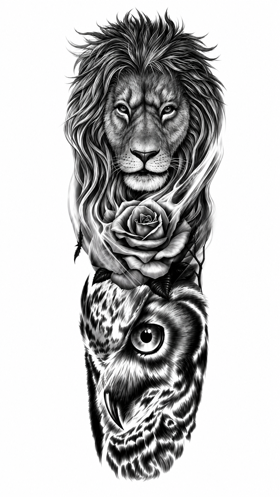 Lion & Owl Temporal Tattoo