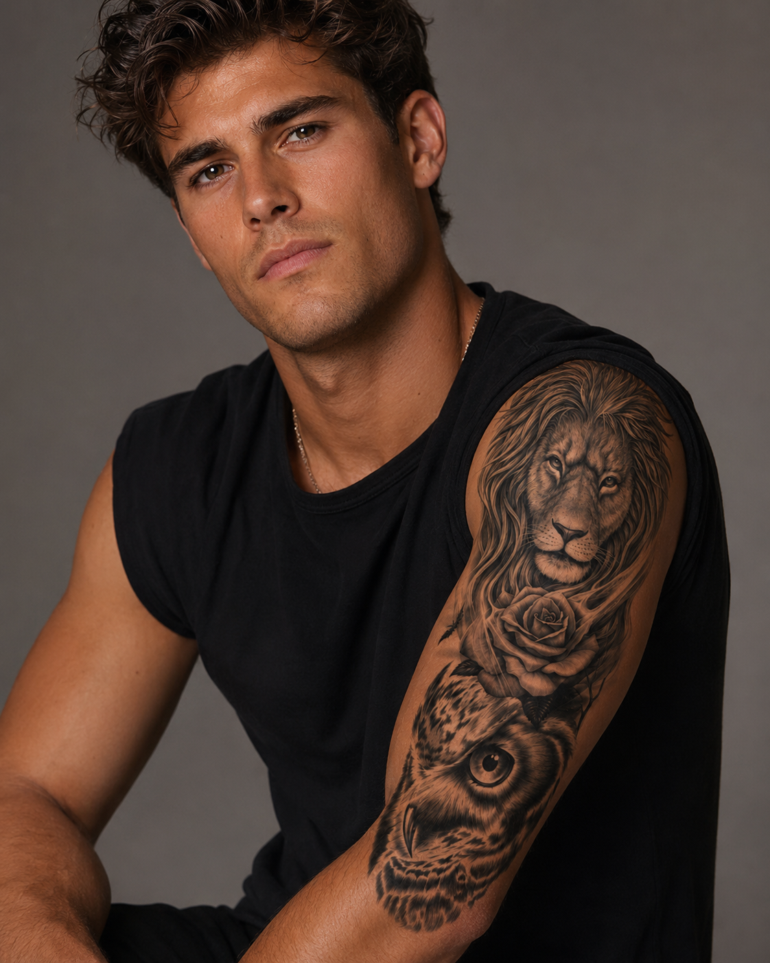 Lion & Owl Temporal Tattoo