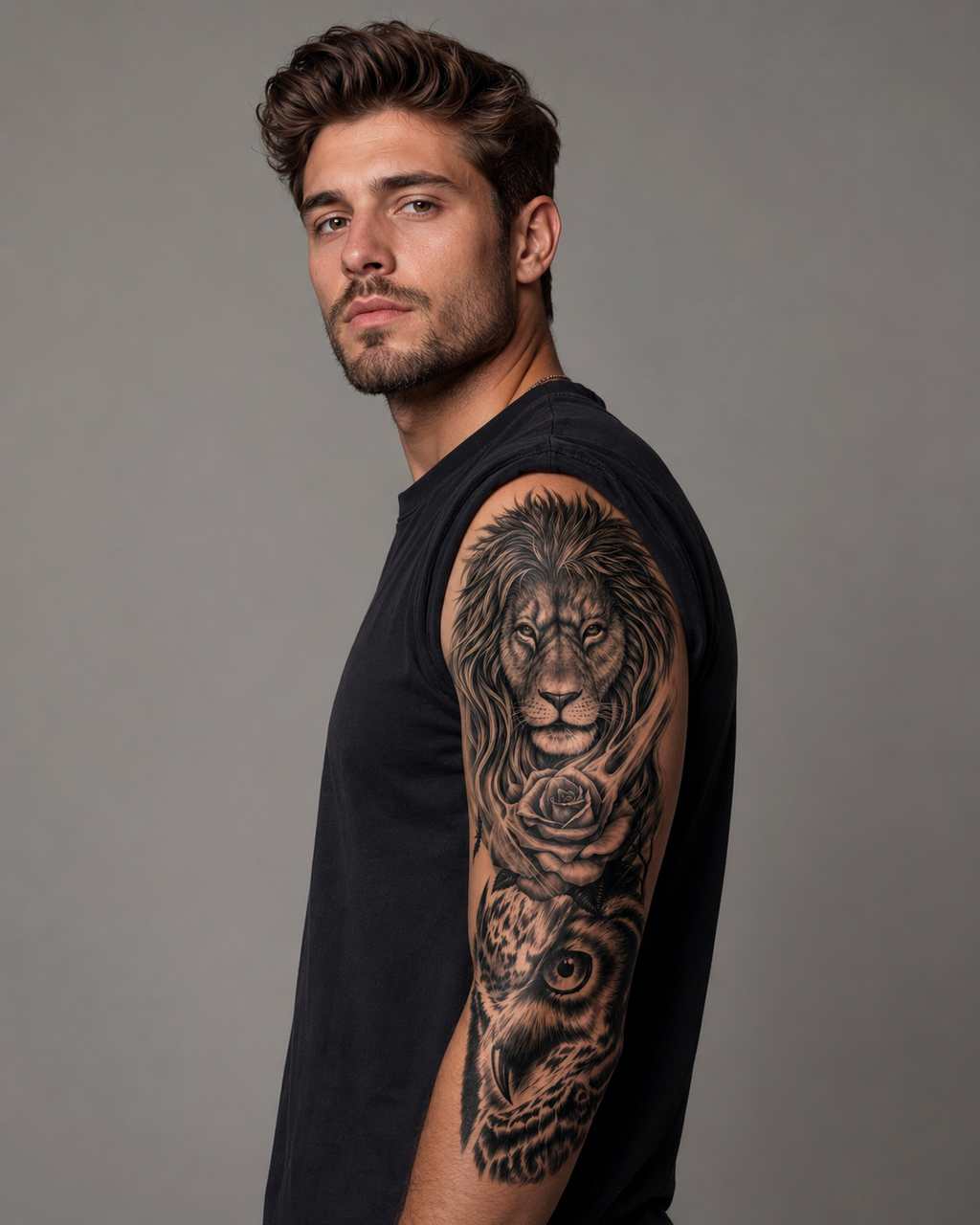 Lion & Owl Temporal Tattoo
