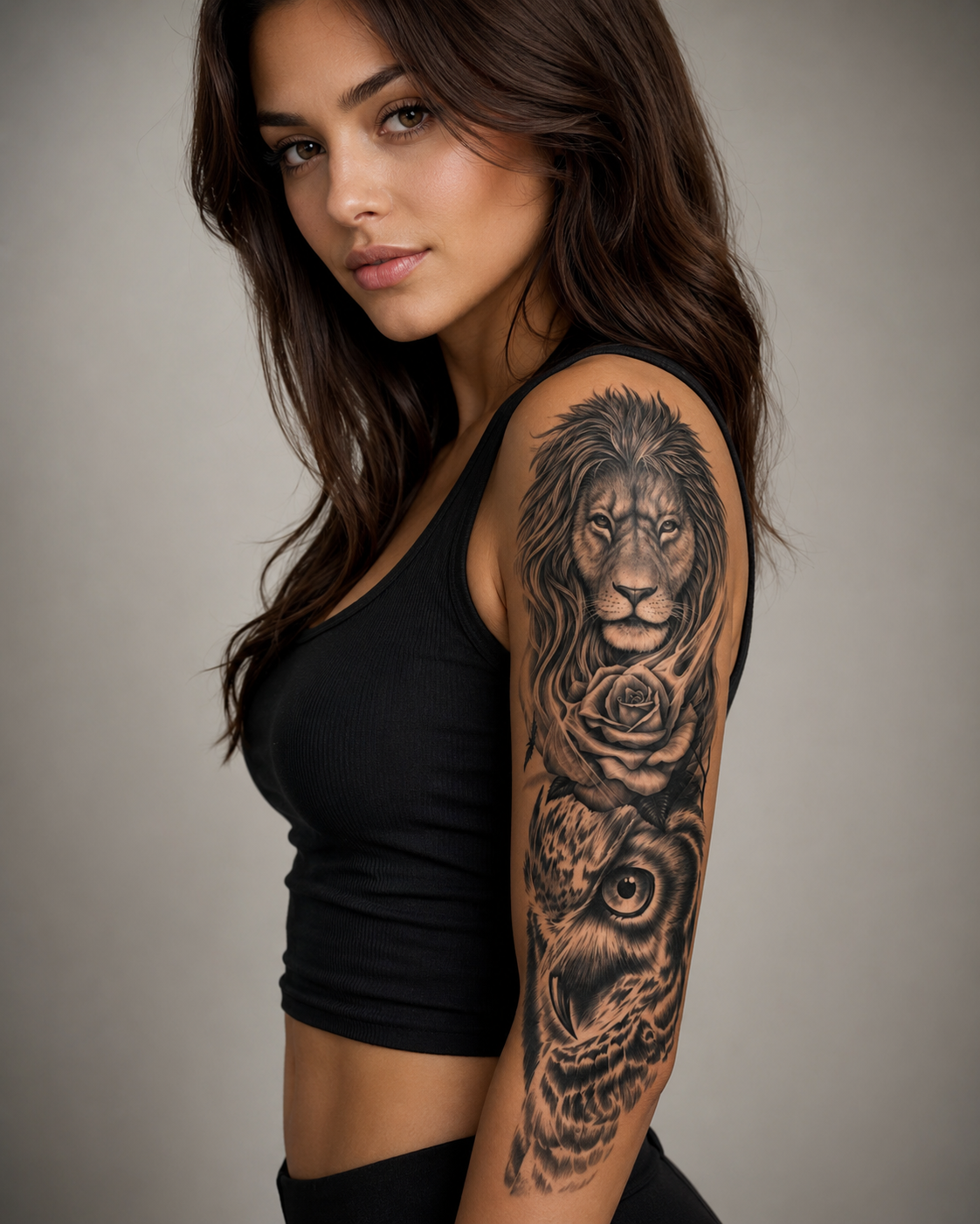 Lion & Owl Temporal Tattoo