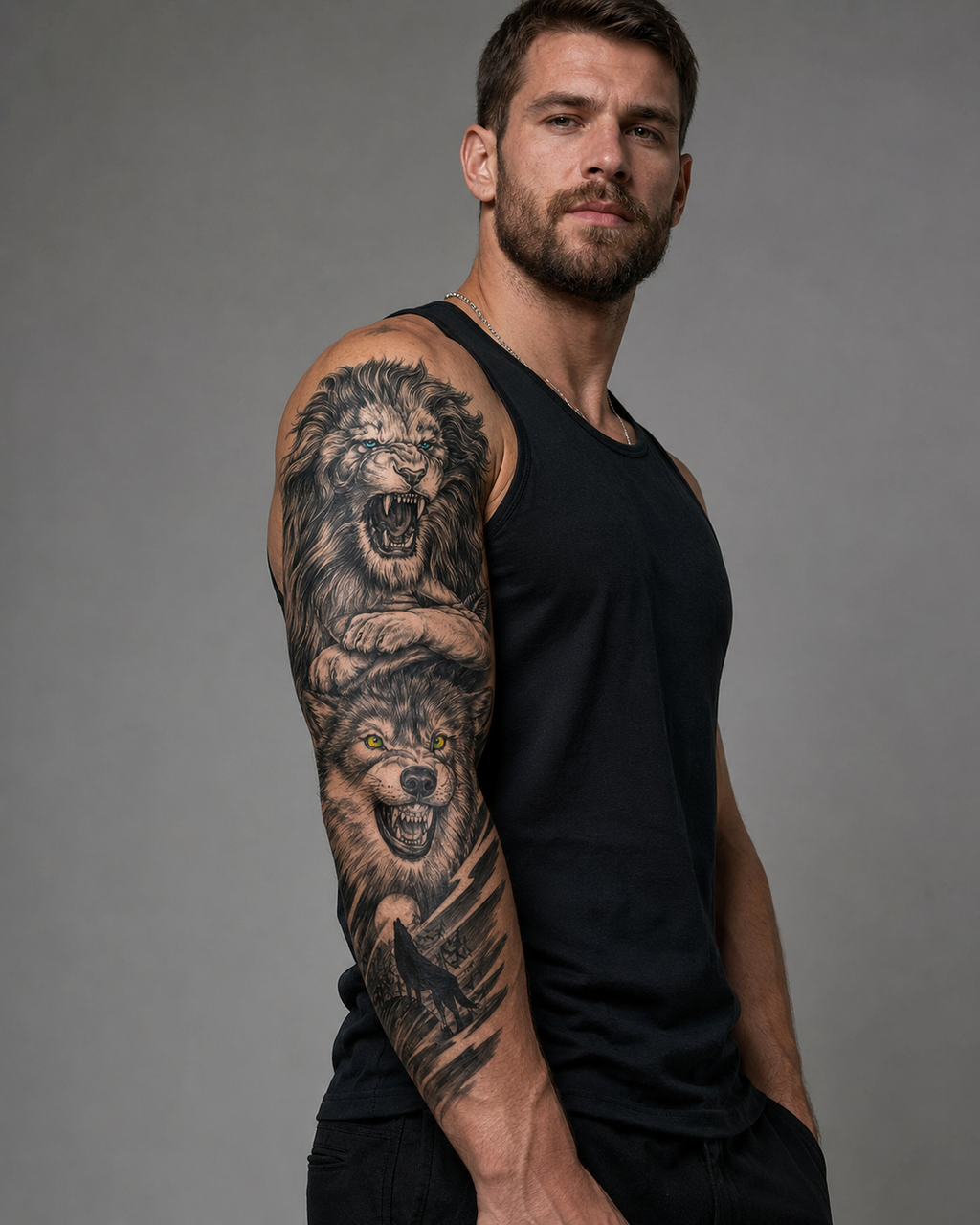 Lion & Wolf Temporal Tattoo