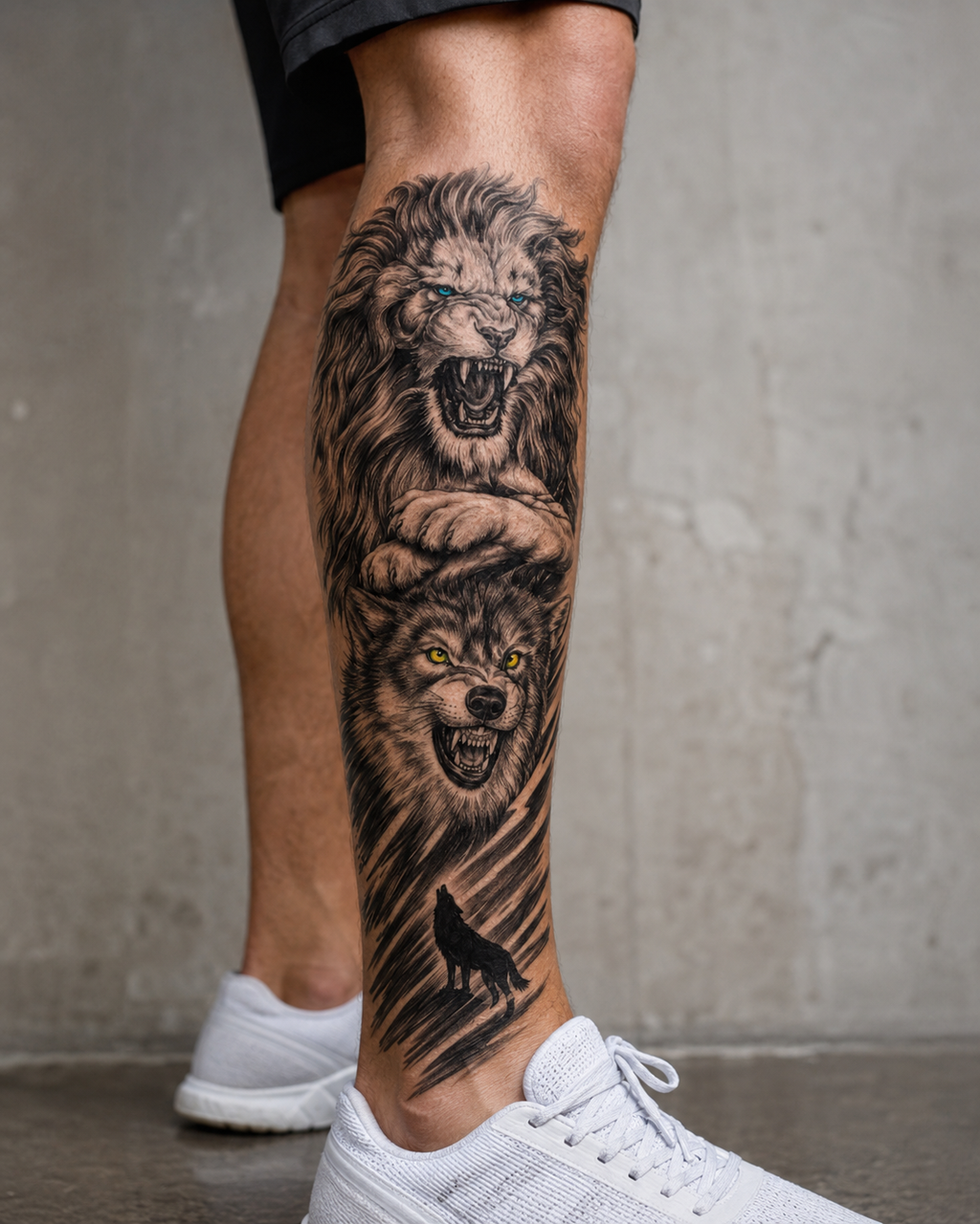 Lion & Wolf Temporal Tattoo