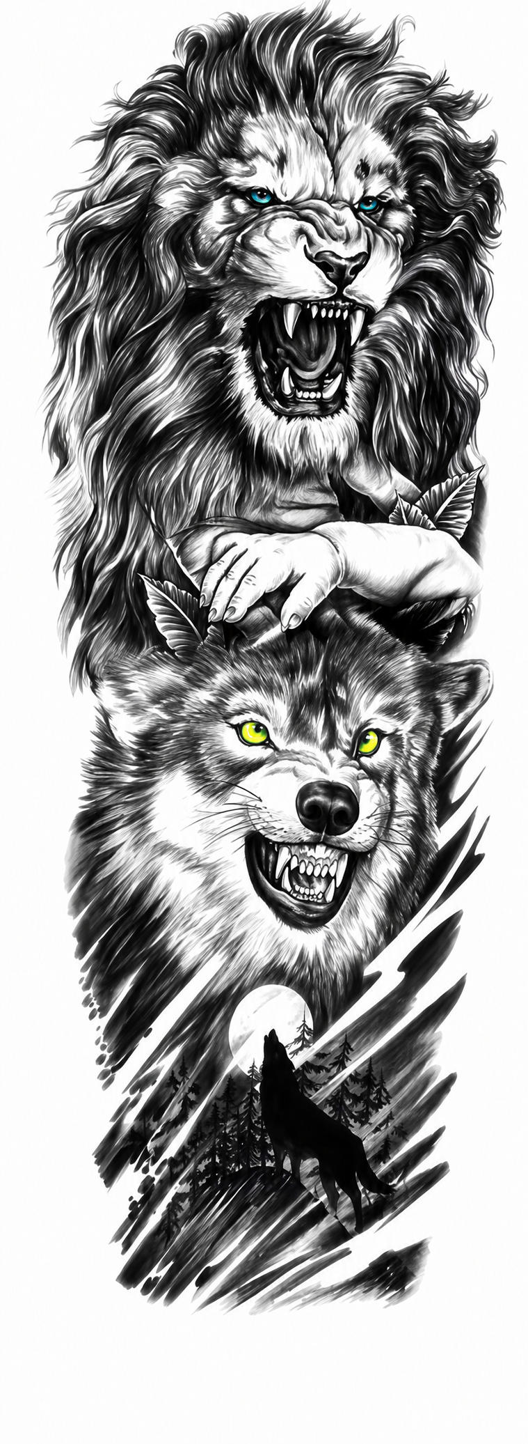 Lion & Wolf Temporal Tattoo