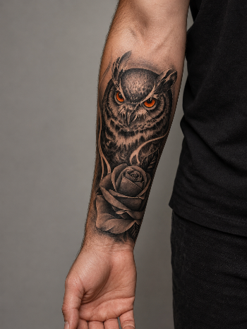 Rose Owl Temporal Tattoo