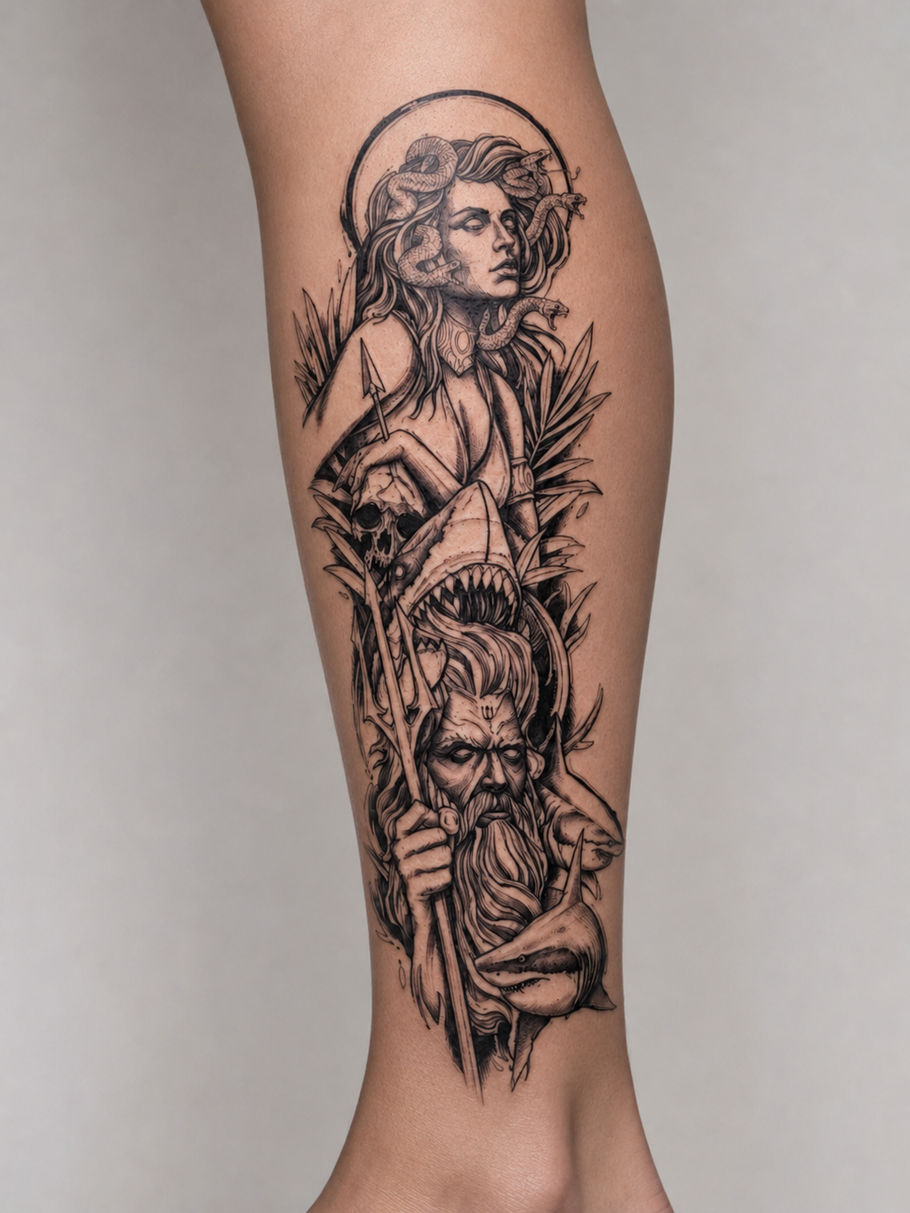 Medusa & Poseidon Temporal Tattoo