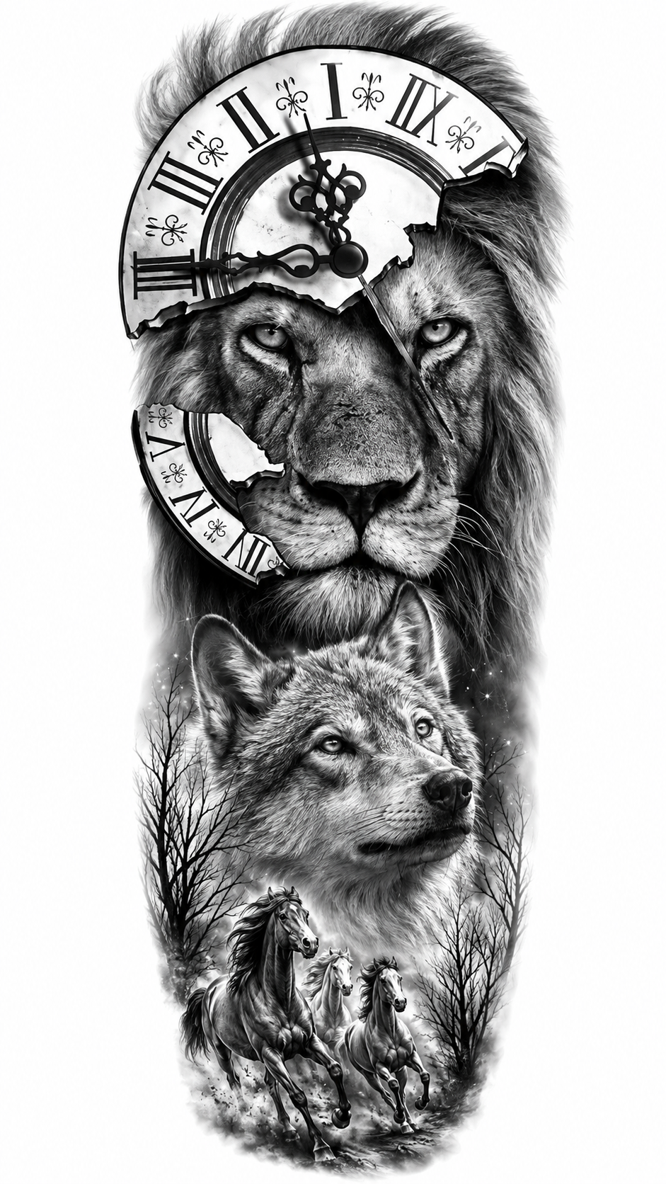 Lion Wolf Horses Temporal Tattoo