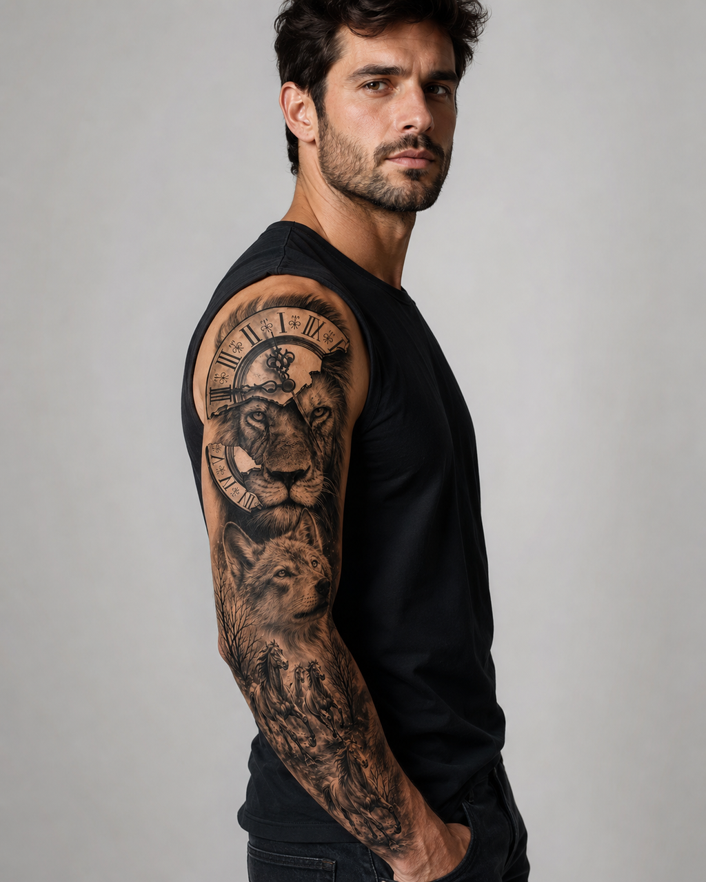 Lion Wolf Horses Temporal Tattoo
