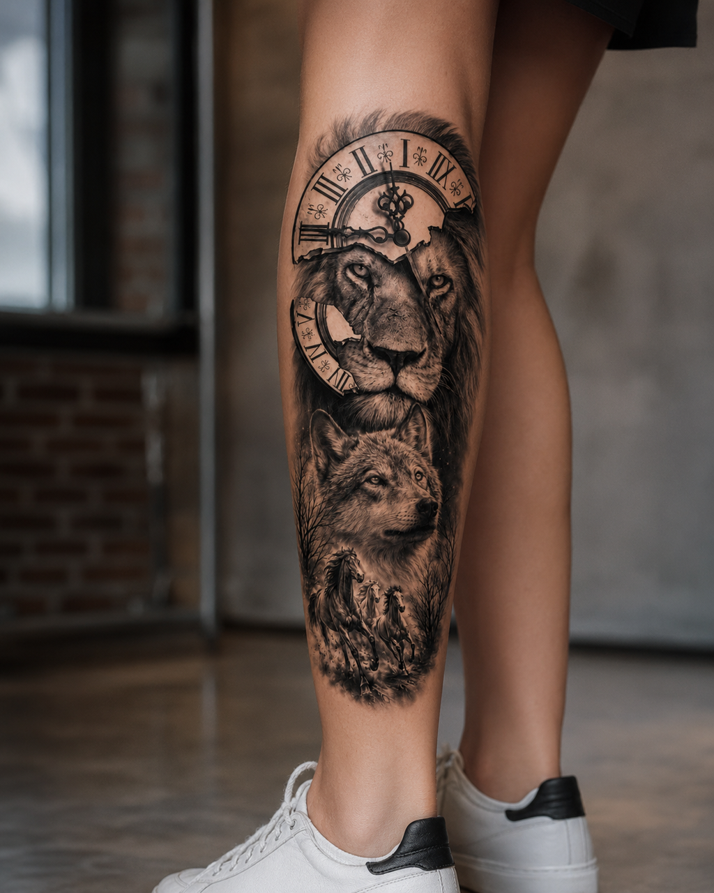 Lion Wolf Horses Temporal Tattoo