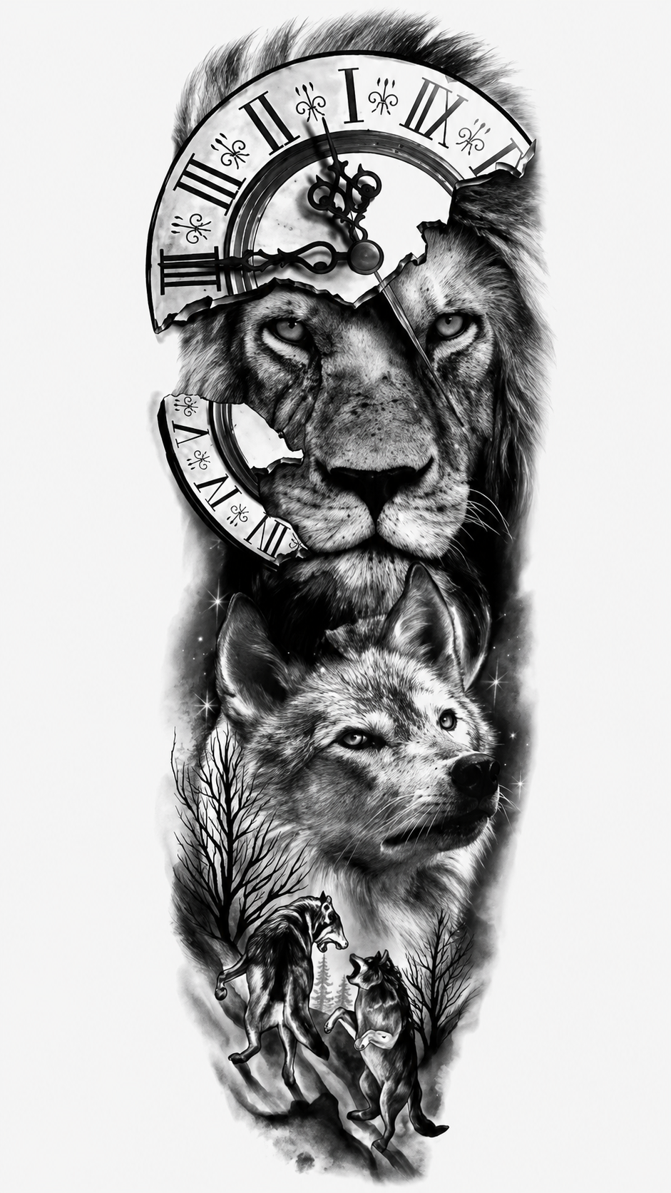 Wolfs and Lion Temporal Tattoo