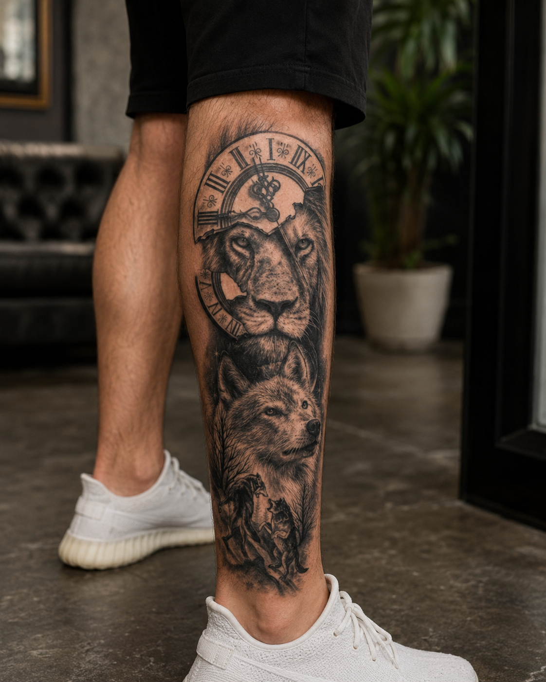 Wolfs and Lion Temporal Tattoo